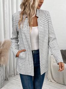 SHEIN LUNE Plaid Open Front Tweed Overcoat - Black and White - View 5