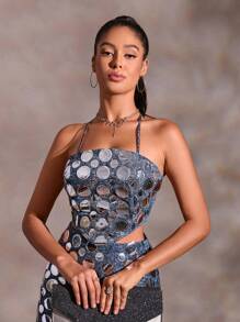 SHEIN BAE Contrast Sequin Patched Bandana Backless Cami Top - Multicolor - View 5