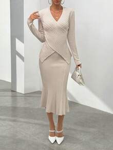 SHEIN Privé Solid Ribbed Knit Wrap Cross Tee & Mermaid Hem Skirt - Apricot - View 5