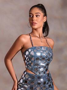 SHEIN BAE Contrast Sequin Patched Bandana Backless Cami Top - Multicolor - View 1