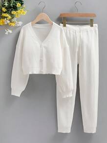 SHEIN Tween Girl Button Front Drop Shoulder Cardigan & Knit Pants - White - View 1