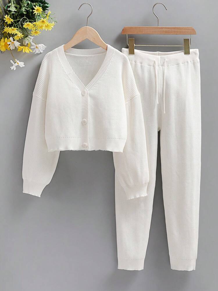 Tween Girl Button Front Drop Shoulder Cardigan & Knit Pants