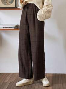 FRIFUL Plaid Print Elastic Waist Pants,Teacher Pants - Brown - View 1