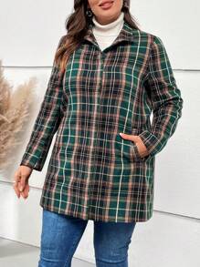 EMERY ROSE Plus Plaid Print Button Front Overcoat - Green - View 5