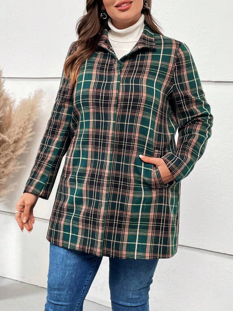 Plus Plaid Print Button Front Overcoat