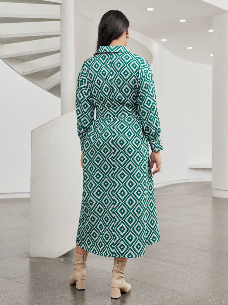 Plus Allover Print Belted Shirt Dress