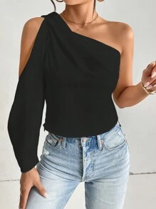Firerie One Shoulder Lantern Sleeve Solid Blouse - Black - View 5