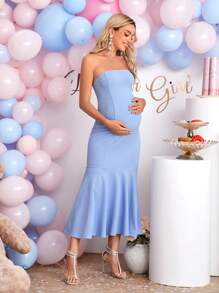 SHEIN Maternity Solid Mermaid Hem Tube Dress - Baby Blue - View 3