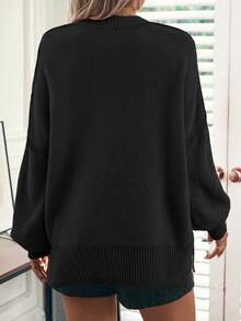 SHEIN Essnce 素色落肩袖套頭毛衣 - 黑色 - 查看 2