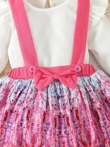 Girls Baby Ruffle Trim Tee & Floral Print Bow Front Pinafore Skirt & Headband - Multicolor - View 4