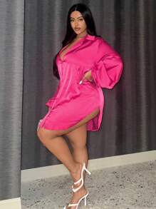 Slaydiva Plus Lantern Sleeve Button Front Shirt - Hot Pink - View 5