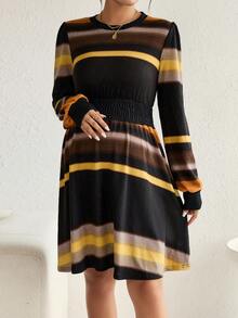 SHEIN Maternity Striped Print A-line Dress - Coffee Brown - View 6