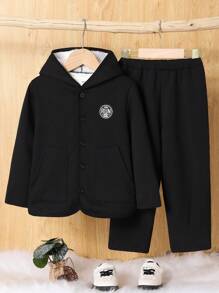 SHEIN 男小童字母貼布加絨內裏連帽夾克和褲子不帶T恤 - 黑色 - 查看 3
