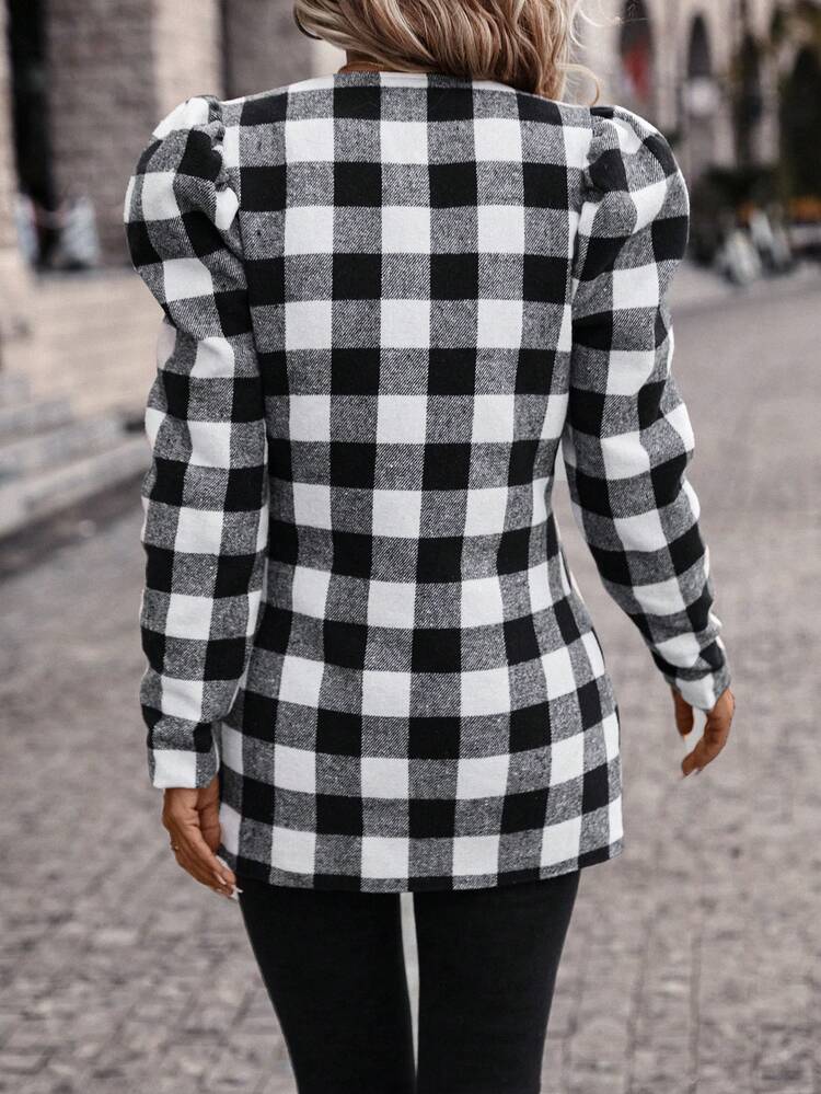 Buffalo Plaid Print Gigot Sleeve Open Front Coat
