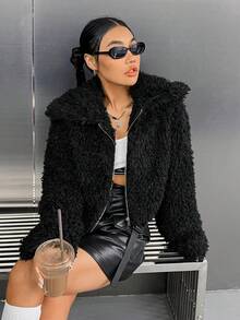 SHEIN EZwear 拉鏈開襟短款毛茸茸夾克 - 黑色 - 查看 3