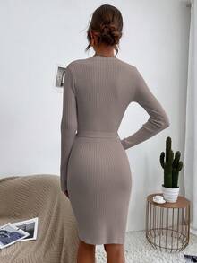 SHEIN Clasi 條紋針織前紐扣腰帶緊身毛衣洋裝 - 藕粉色 - 查看 2