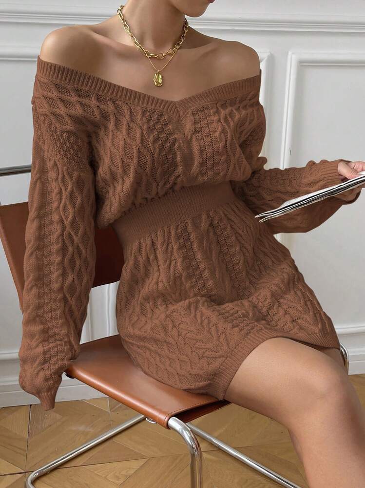 SHEIN Essnce Vestido de punto tejido de cable de hombros caídos - Marrón - Ver 4