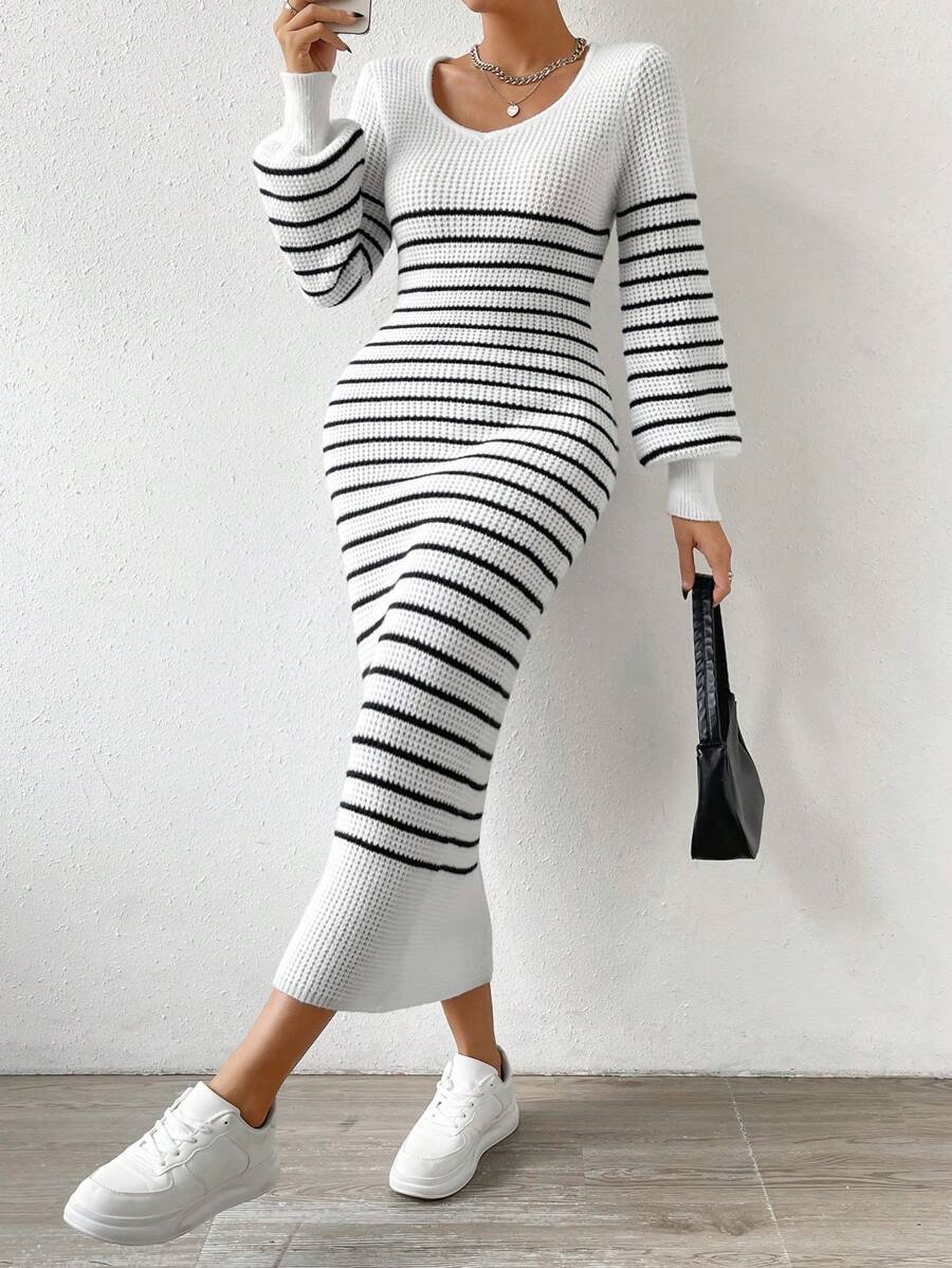 RosyDaze Striped Pattern Lantern Sleeve Sweater Dress Fall Winter Cloth For Women - Black and White - View 1