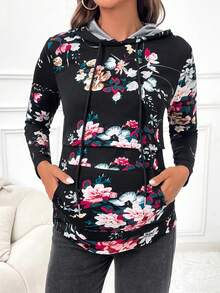 SHEIN Floral Print Kangaroo Pocket Drawstring Hooded Nursing Hoodie - Black - View 2