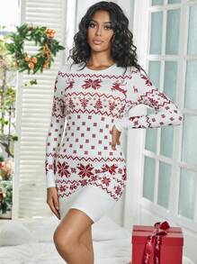 SHEIN Unity 女士聖誕花呢復古修身毛衣裙，適用於春、秋、冬季的日常穿著。 (兩件單獨出售)