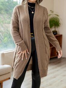 Plus Cable Knit Drop Shoulder Duster Cardigan, For Winter - Camel - View 3