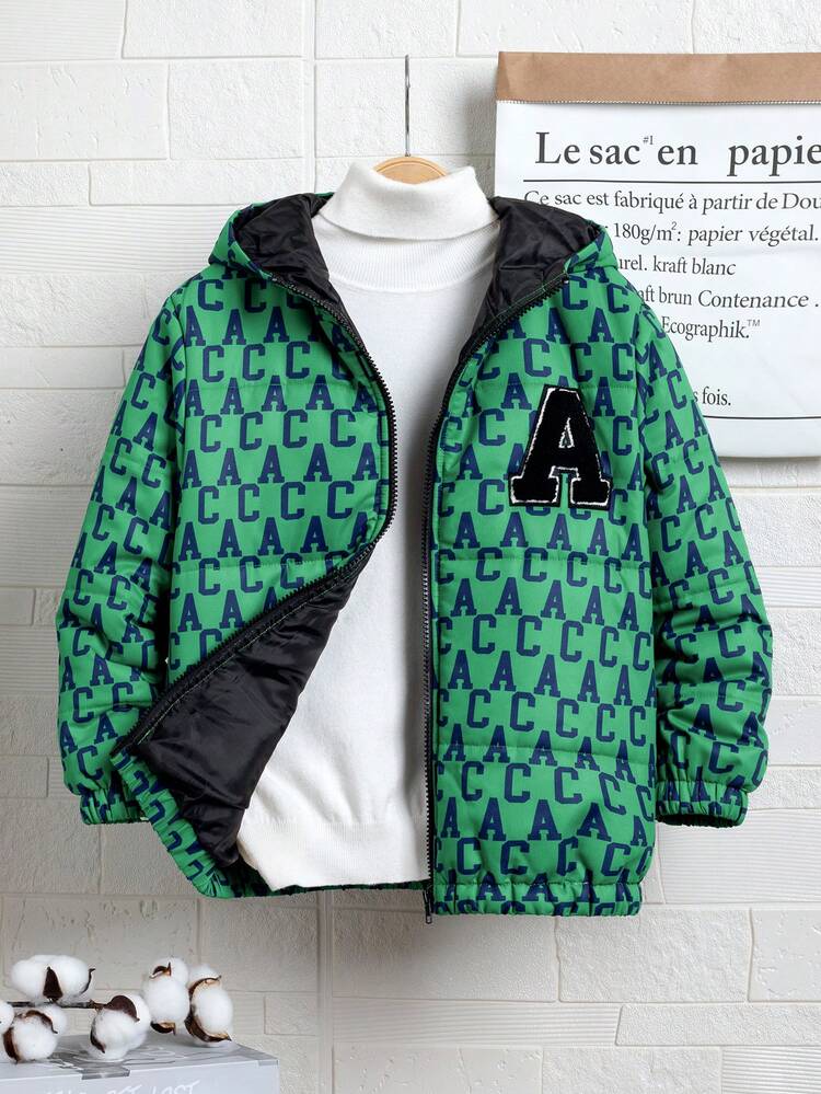 Tween Boy Letter Patched Hooded Puff Coat