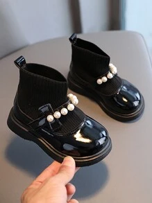 寶寶兒童休閒襪靴彈力防滑鞋學步 - 黑色 - 查看 3