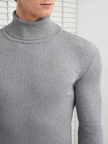 SHEIN Cottnline Men Solid Turtleneck Ribbed Knit Sweater - Grey - View 5