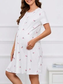 孕婦印花蕾絲邊睡裙