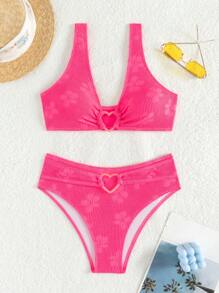 Heart Ring Linked Bikini Set - Hot Pink - View 4