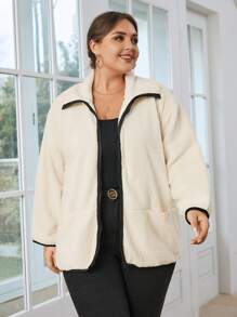 SHEIN Essnce 秋冬撞色拉链泰迪熊大衣 - 米色 - 查看 6