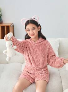 SHEIN Tween Girl Solid Hooded Teddy Pajama Romper - Baby Pink - View 5