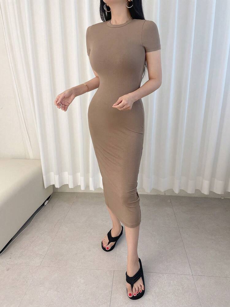 Solid Ribbed Knit Bodycon Dress SunDress