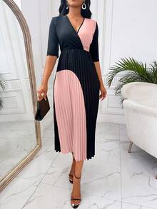 SHEIN Clasi Two Tone Pleated Hem Dress - Pink - View 4