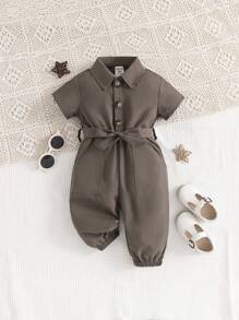 Baby Girl Button Front Belted Shirt Jumpsuit - Rust Brown - View 1