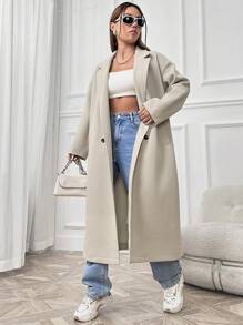 Flirla Lapel Neck Drop Shoulder Double Breasted Overcoat Fall Winter Cloth For Women - Grey - View 6