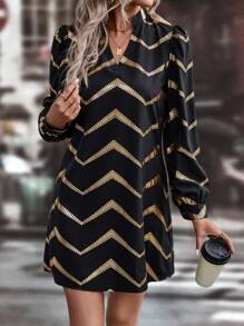 SHEIN LUNE Print Button Back Shirt Dress - Black - View 3