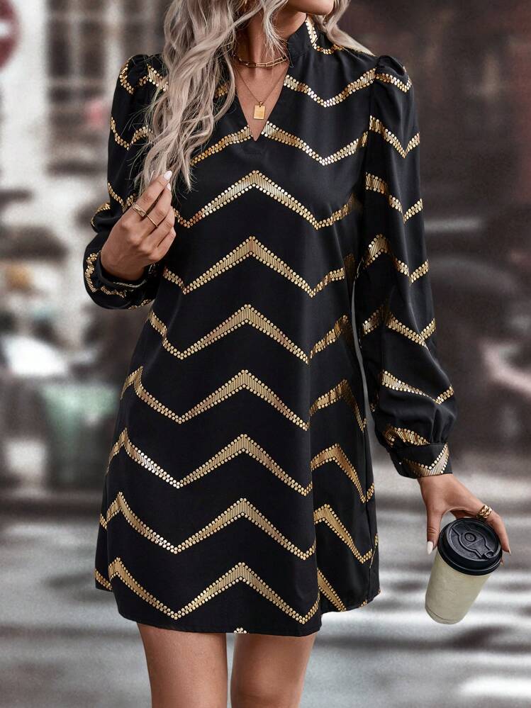 SHEIN LUNE Print Button Back Shirt Dress - Black - View 3