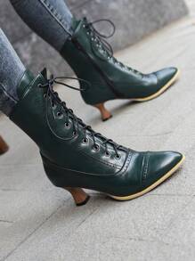 Vintage Green Block Heel Lace-up Shoes With Cat Pattern, Autumn/winter, Women's Fashionable Boots - Dark Green - View 1