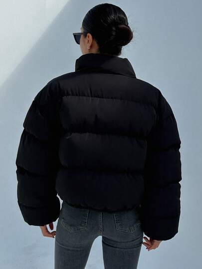 DAZY 拉链落肩棉服大衣，女士冬季休闲口袋，拉链落肩立领常规版型黑色纯色女士棉服大衣，冬季保暖/冬季时尚，冬季女装，女士棉服大衣夹克