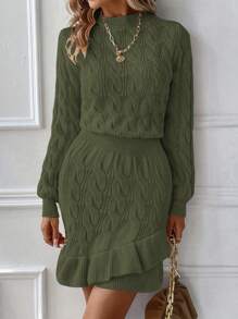 SHEIN LUNE Solid Ruffle Hem Sweater Dress - Army Green - View 3