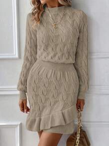SHEIN LUNE Cable Knit Lantern Sleeve Ruffle Hem Sweater Dress - Khaki - View 3