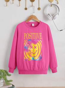 SHEIN Tween Girl Letter & Cartoon grafische trui met verlaagde schouder