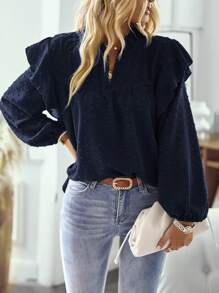 Breezaya Swiss Dot Ruffle Trim Lantern Sleeve Blouse,Long Sleeve Tops Fall Cloth For Women - Navy Blue - View 4