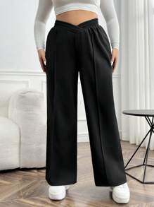 CovetEZ 大碼腰部交疊衛褲 - 黑色 - 查看 3