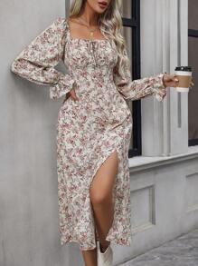 SHEIN Clasi Đầm Maxi In Hoa Thắt Nút Phía Trước Tay Phồng Xẻ Đùi Cho Nữ - Màu be - Xem 4