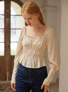 Simple Retro Blusa con dobladillo con volantes y ribete de volantes con busto fruncido y cuello cuadrado - Albaricoque - Ver 1