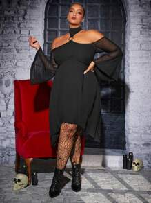 SHEIN SXY 大碼環鏈鏤空荷葉袖不對稱下擺雪紡洋裝 - 黑色 - 查看 4