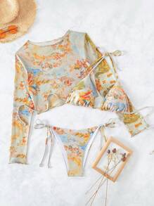 Swim EVENT 夏季海灘人物圖形露肩三角比基尼套裝，包括遮陽衣 - 彩色 - 查看 3