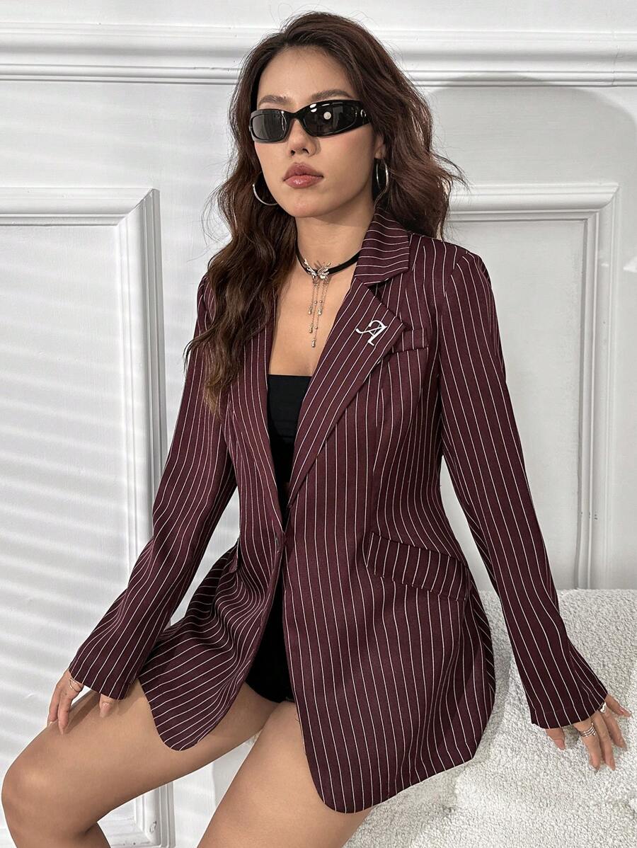 SHEIN Privé Striped Print Lapel Neck Blazer - Coffee Brown - View 1